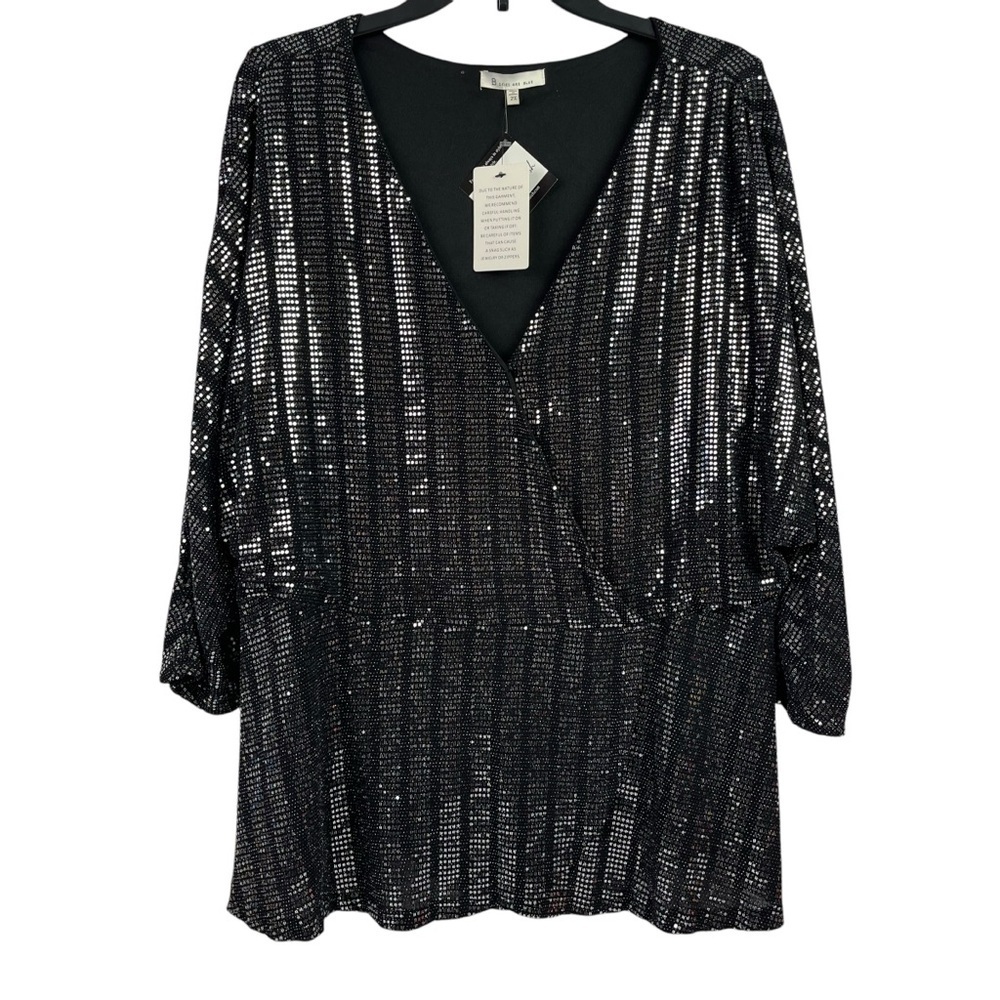 B Skies Are Blue Womens Sequin Top Mock Wrap Stretch Black Silver Shimmery 2X